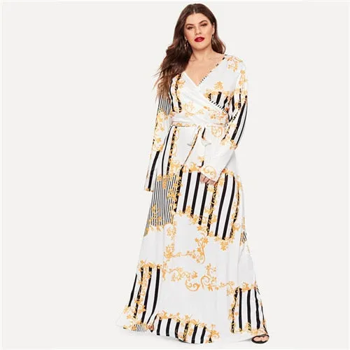 Plus Size Black Mixed Print Striped Casual Dress