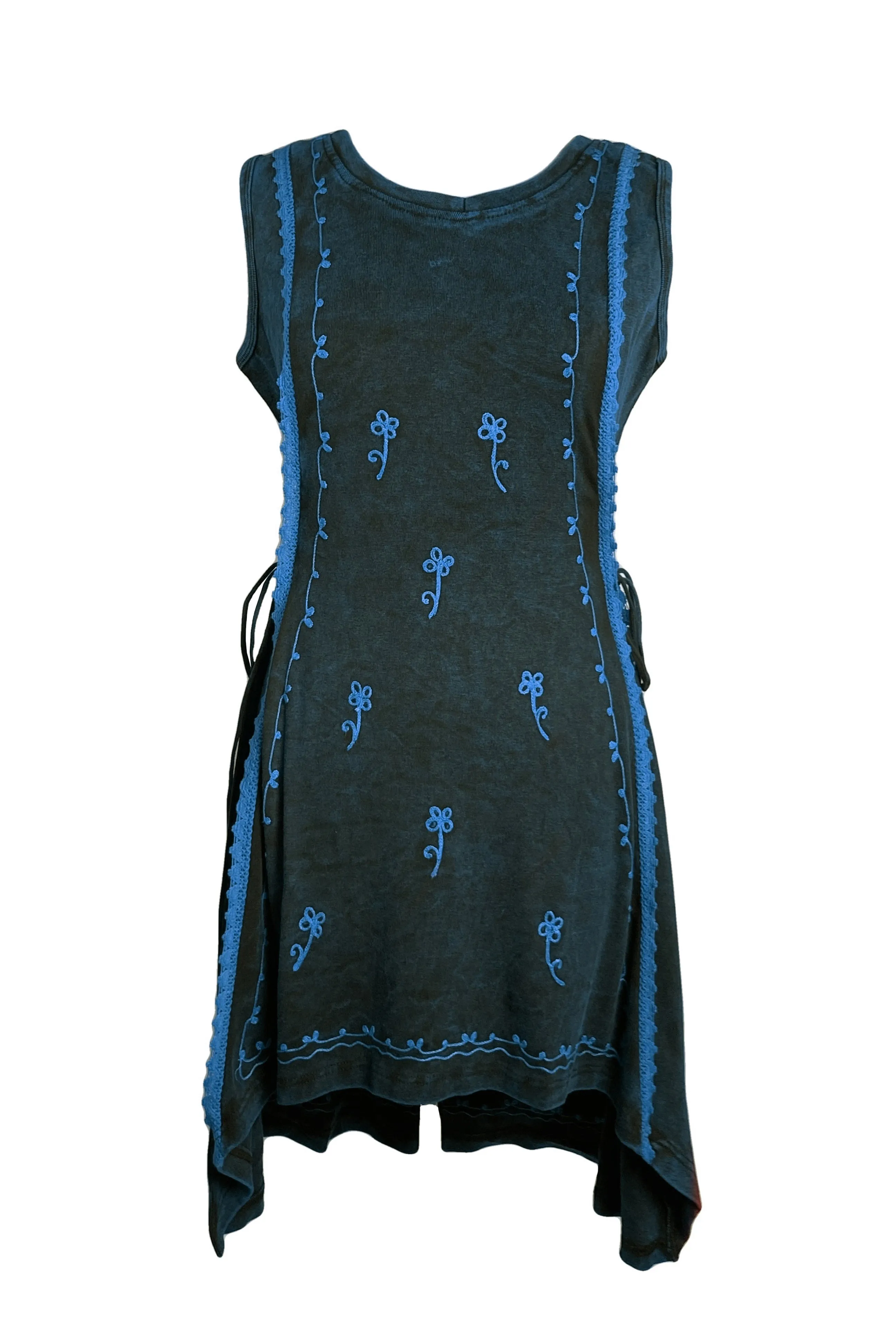 R 308 DR High Low Rib Cotton Stretchy Sleeveless Embroidered Dress
