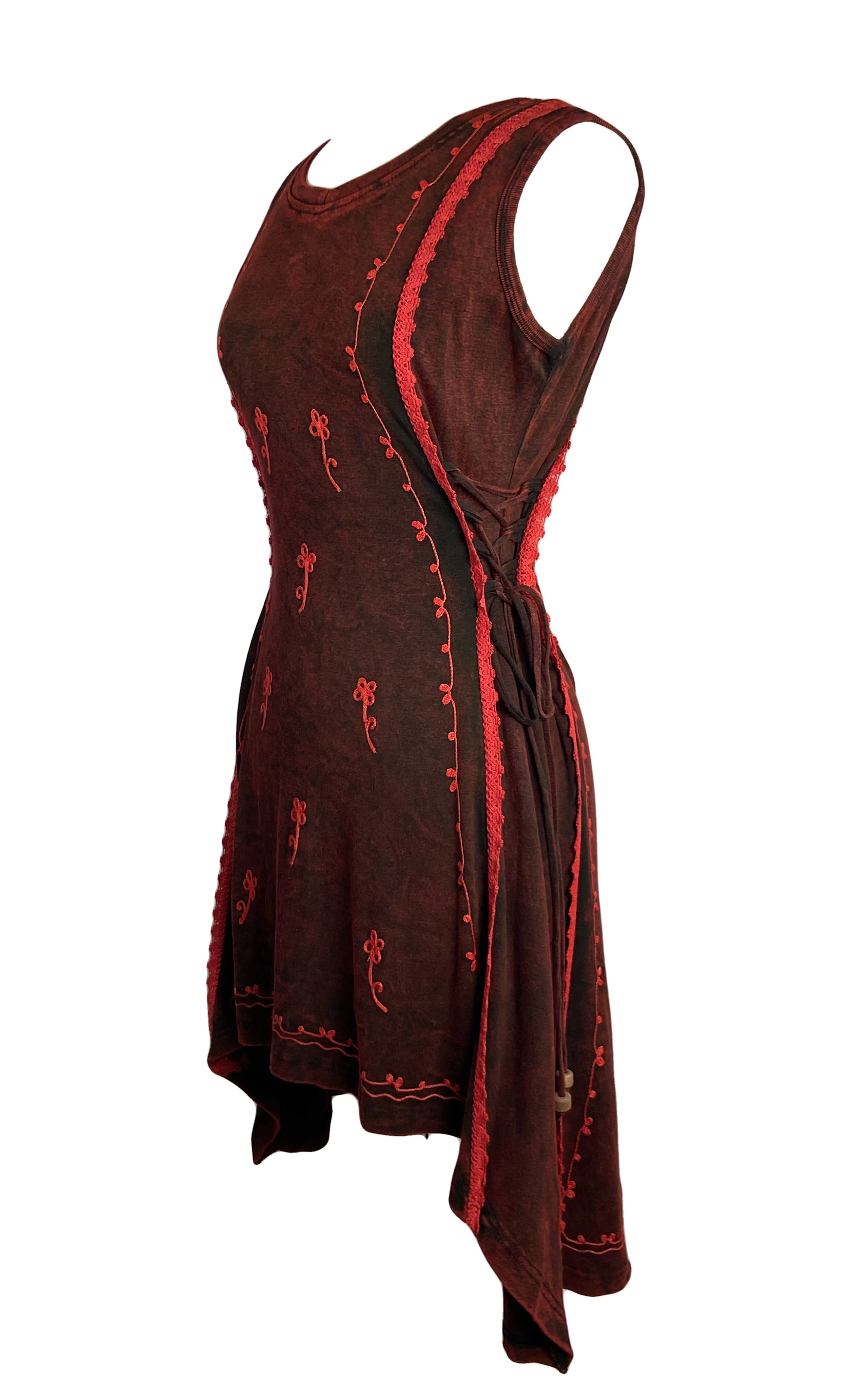 R 308 DR High Low Rib Cotton Stretchy Sleeveless Embroidered Dress