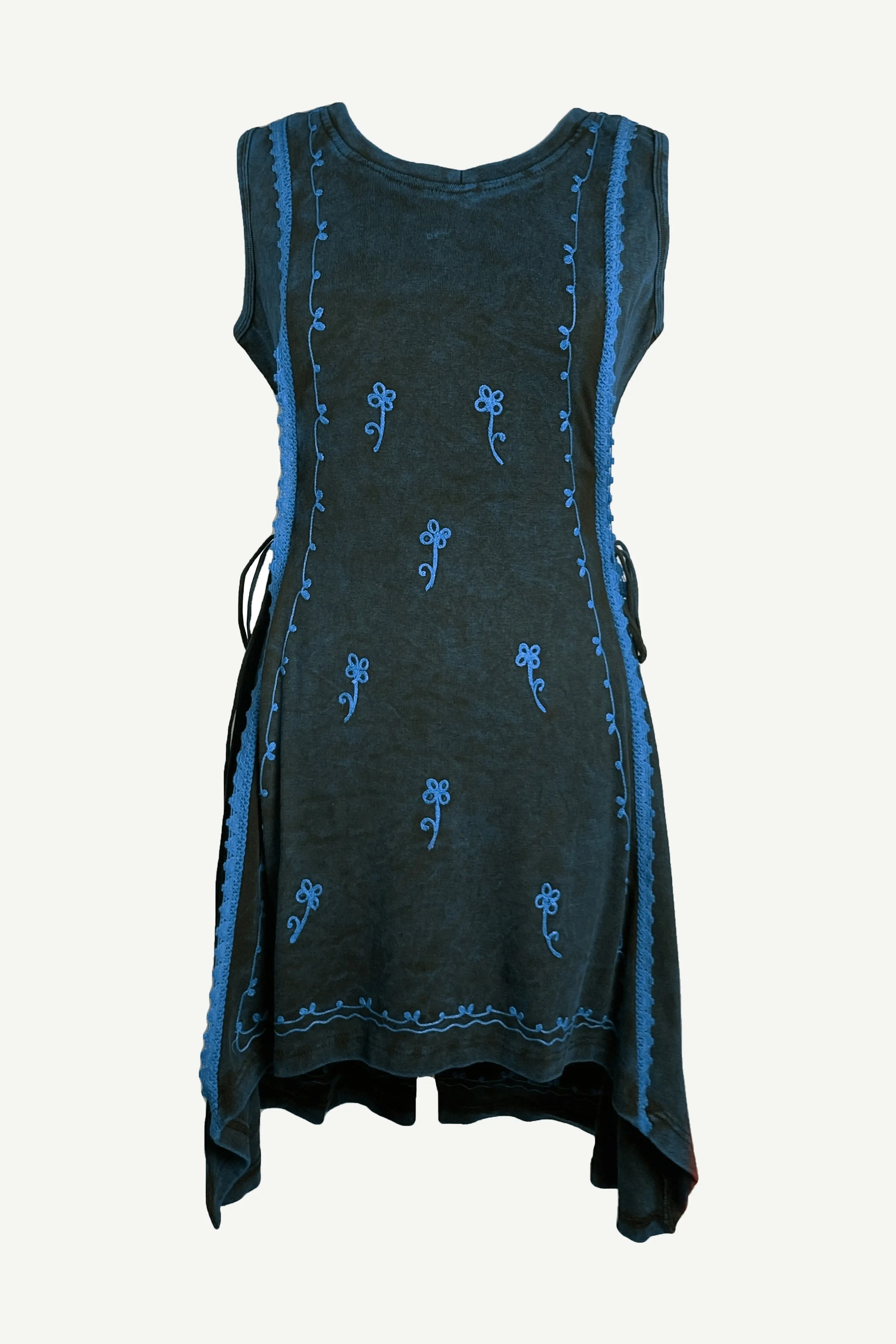 R 308 DR High Low Rib Cotton Stretchy Sleeveless Embroidered Dress