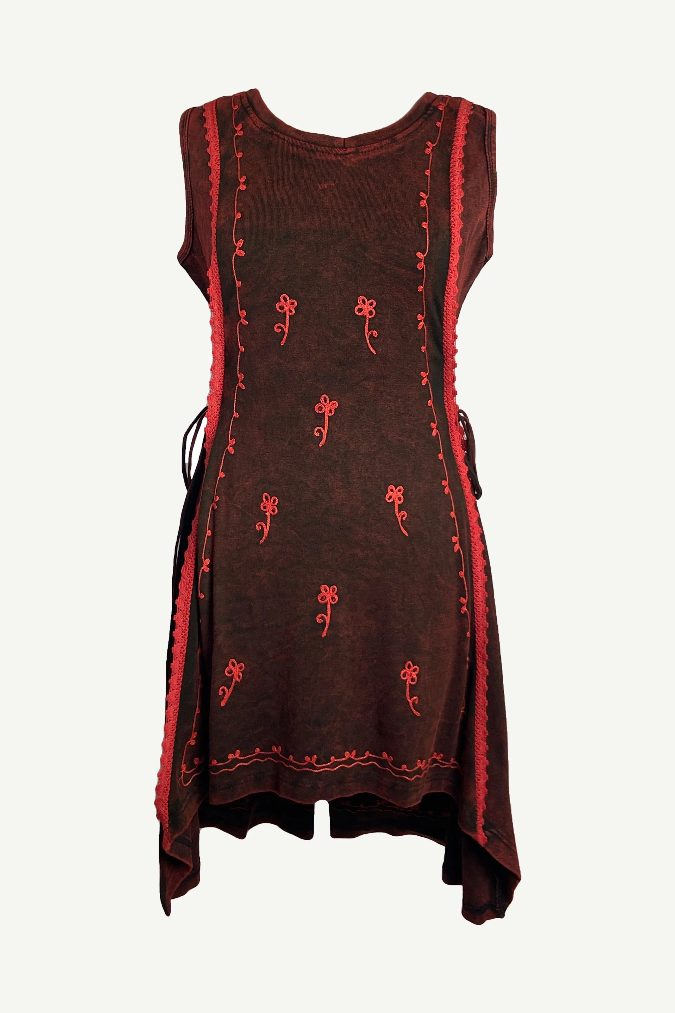 R 308 DR High Low Rib Cotton Stretchy Sleeveless Embroidered Dress
