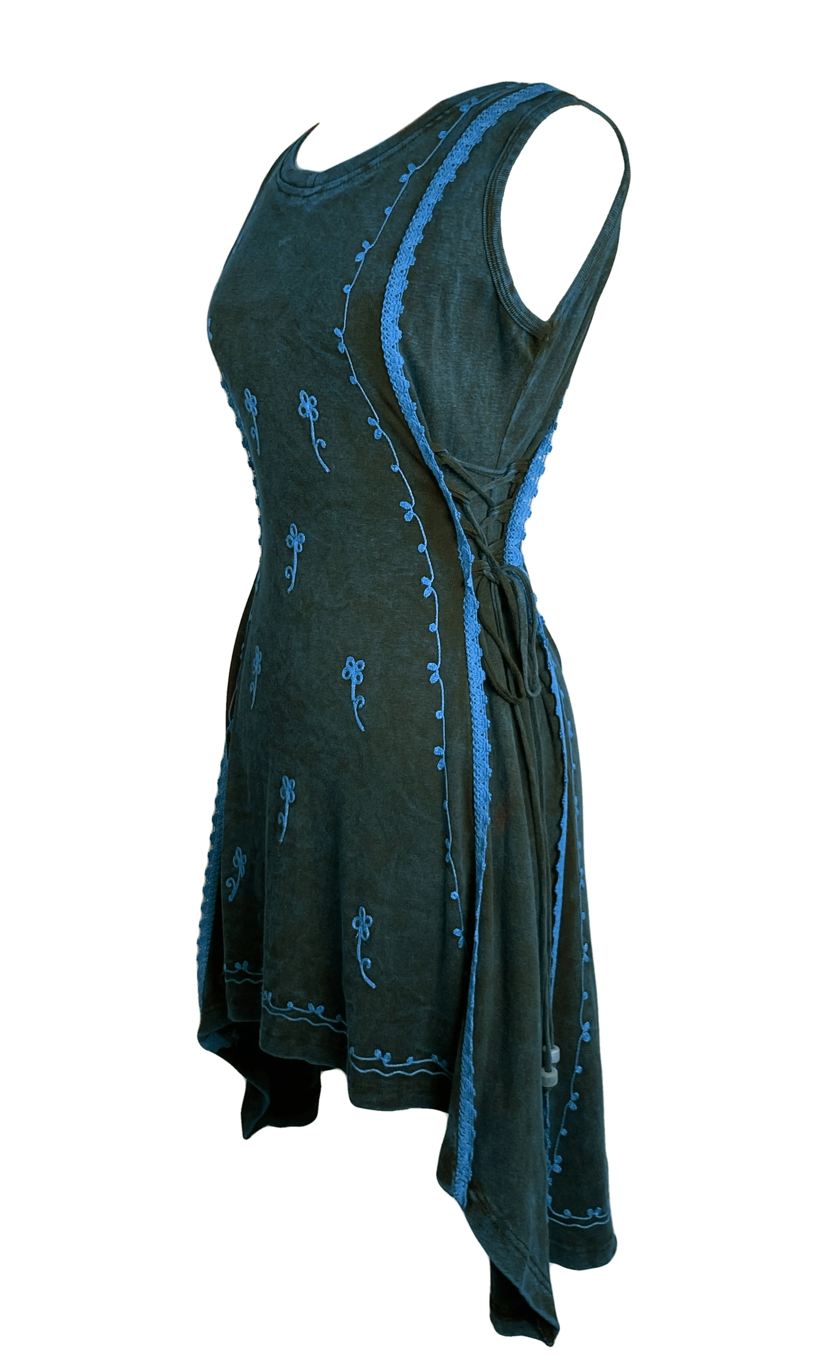 R 308 DR High Low Rib Cotton Stretchy Sleeveless Embroidered Dress