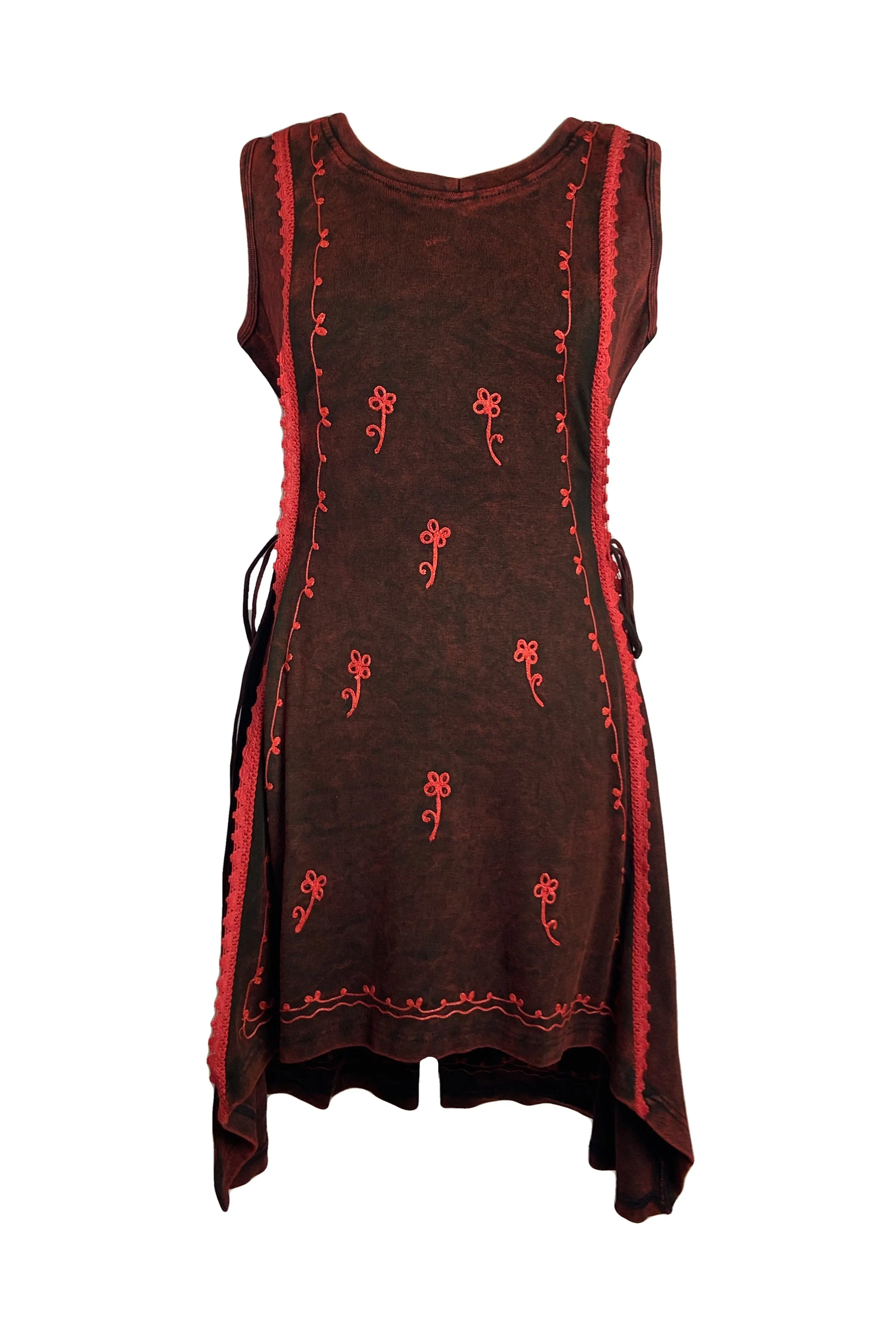 R 308 DR High Low Rib Cotton Stretchy Sleeveless Embroidered Dress