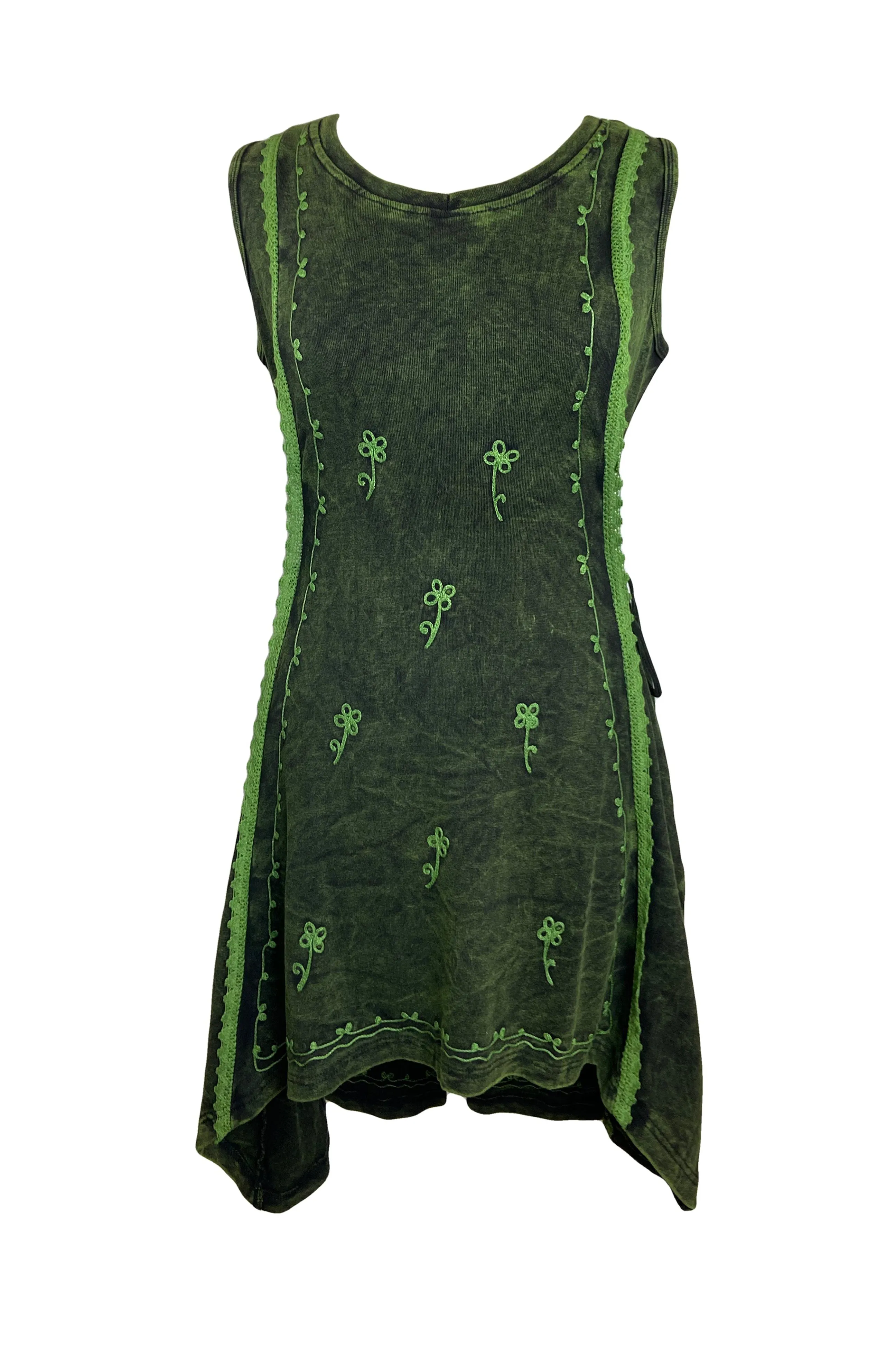 R 308 DR High Low Rib Cotton Stretchy Sleeveless Embroidered Dress