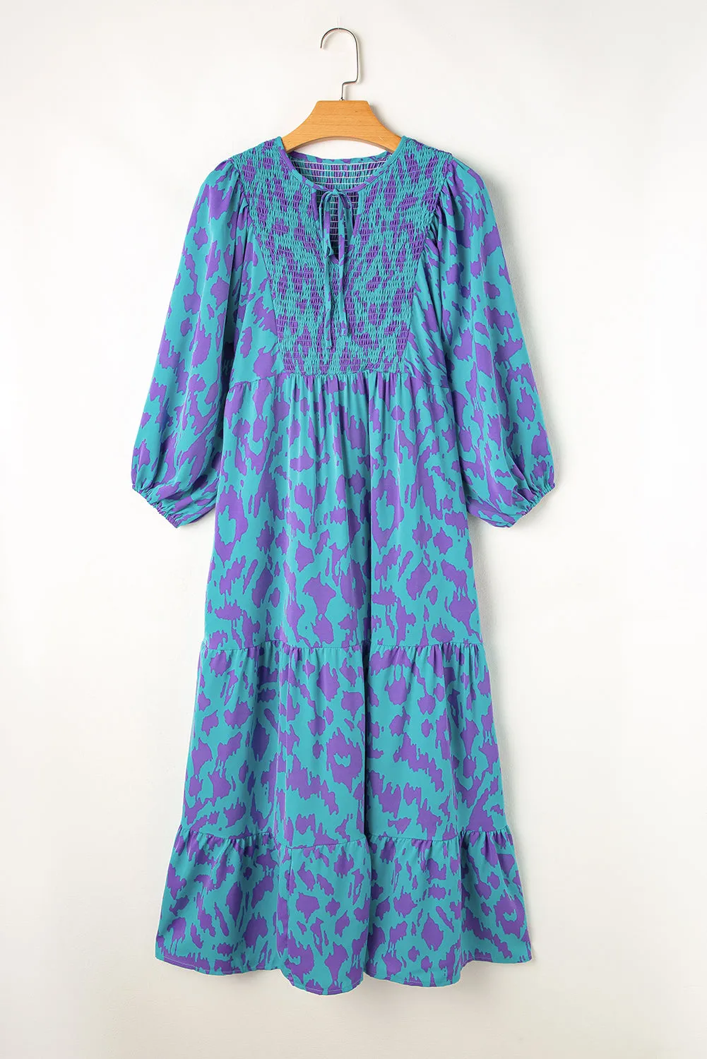 Sky Blue Abstract Print Puff Sleeve Tied Notched Neck Long Dress