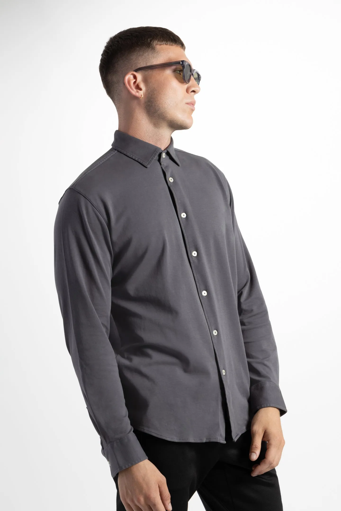Soft Cloth Point Collar Shirt in Luxe Interlock - Shadow