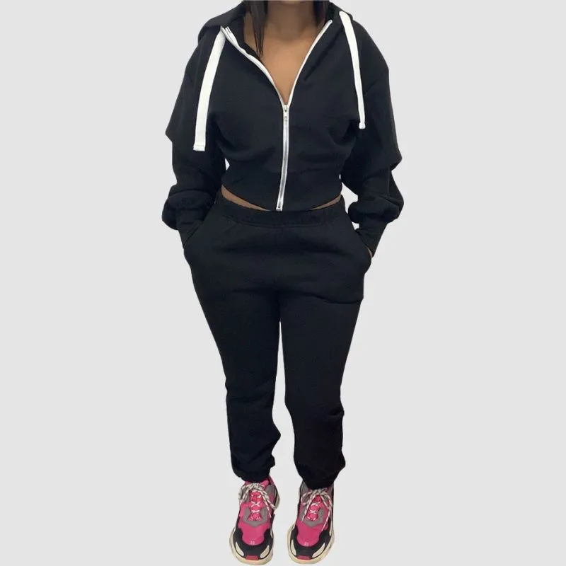Solid Color Zip Hoodies Pant Set