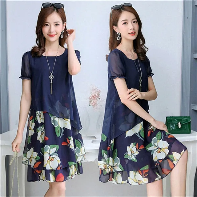 Summer Chiffon Dress 2019 Casual Short Sleeve O-Neck Floral Print Dresses Elegant Party Dress Plus Size Dress 5XL Women Clothing