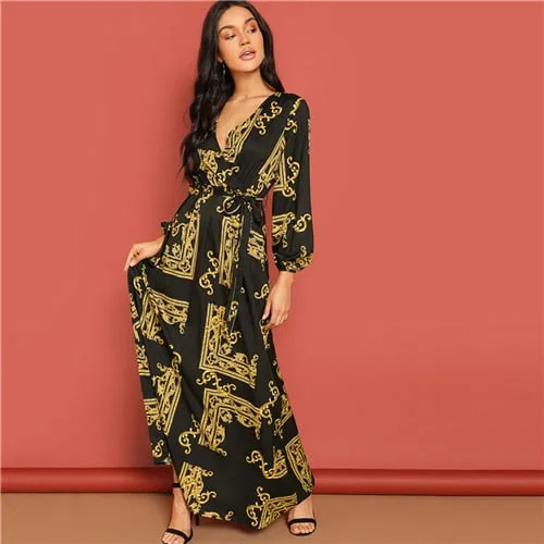 V Neck Scarf Print Belted Wrap Casual Dress