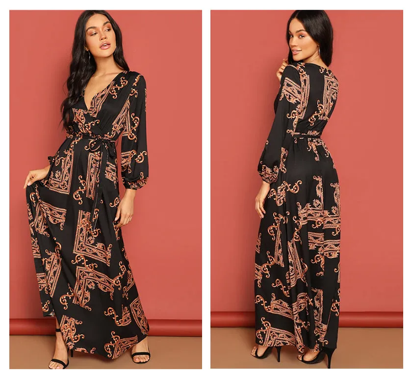 V Neck Scarf Print Belted Wrap Casual Dress
