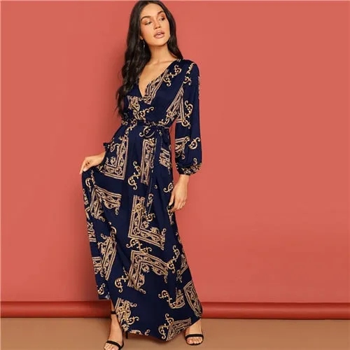 V Neck Scarf Print Belted Wrap Casual Dress