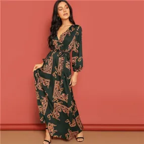 V Neck Scarf Print Belted Wrap Casual Dress